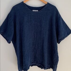 FLAX 100% Linen Short Sleeve Pullover Top Size 2G Navy Blue Lagenlook Minimalist